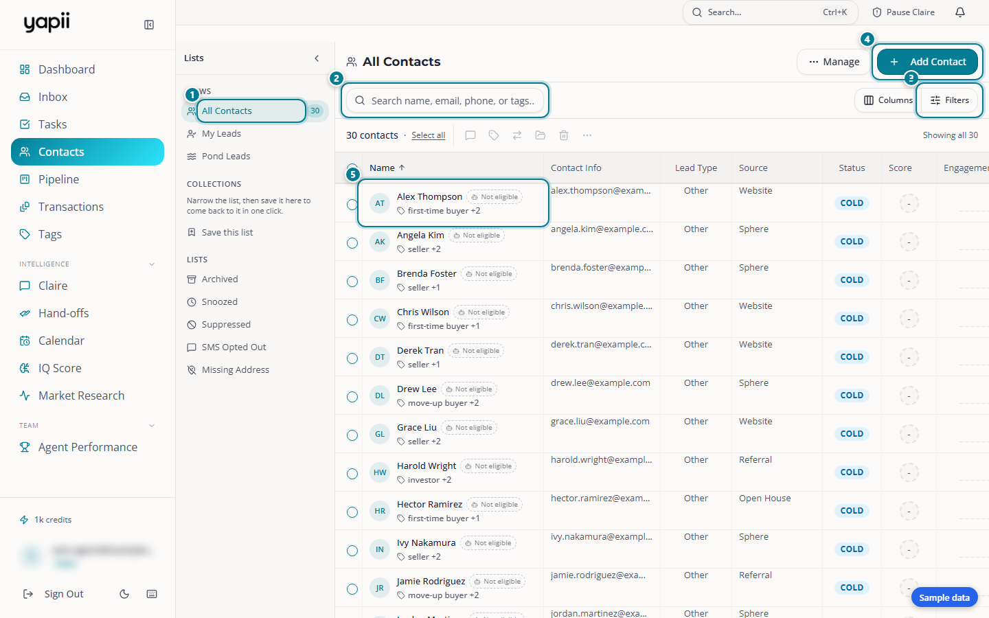 The Contacts page with a list of contacts