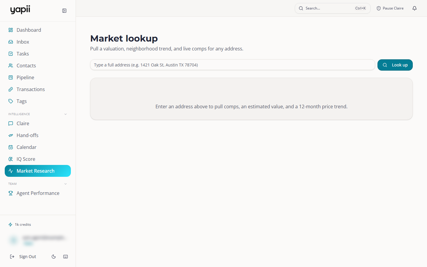 The Market lookup page before an address is searched