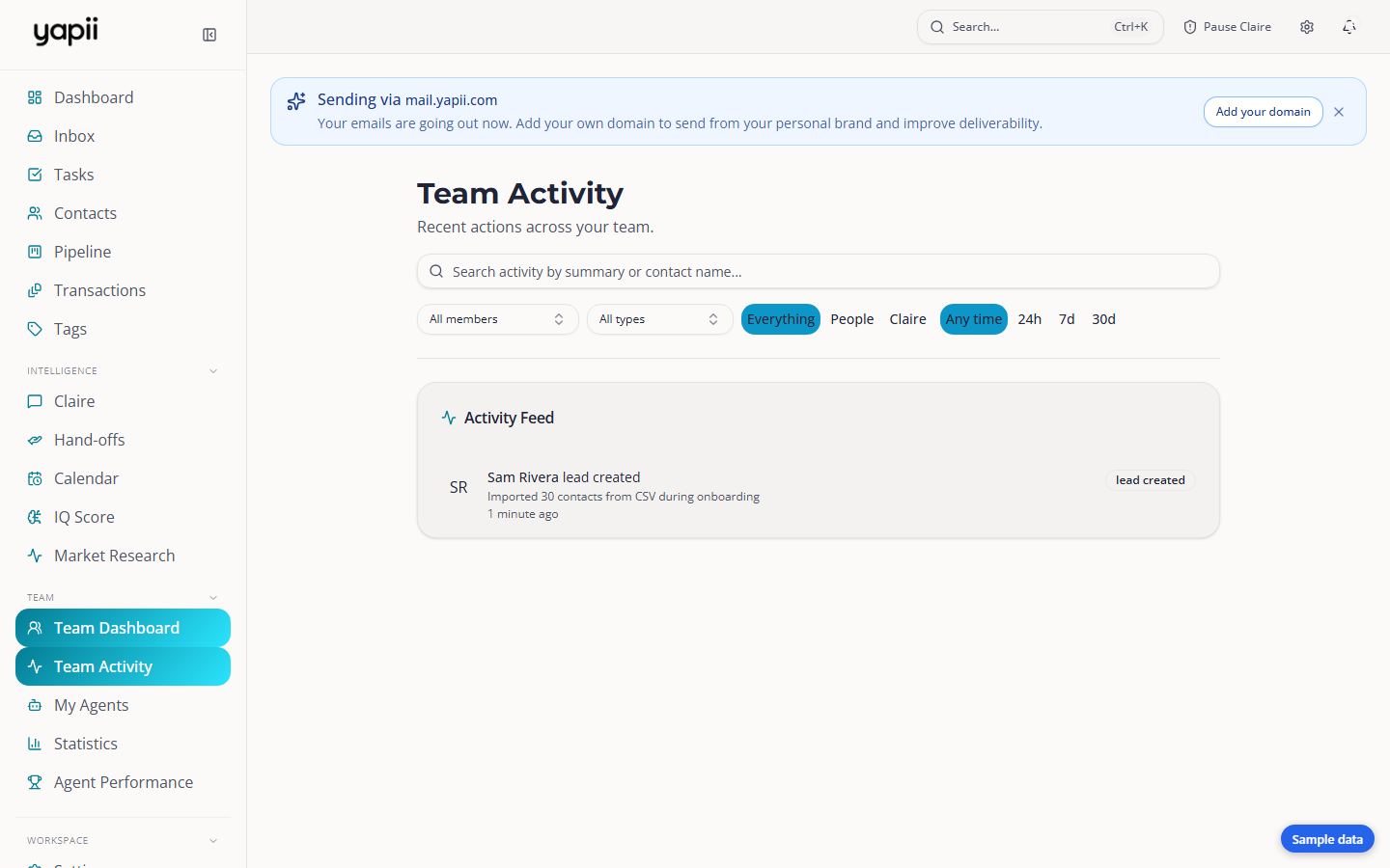 The Team Activity feed